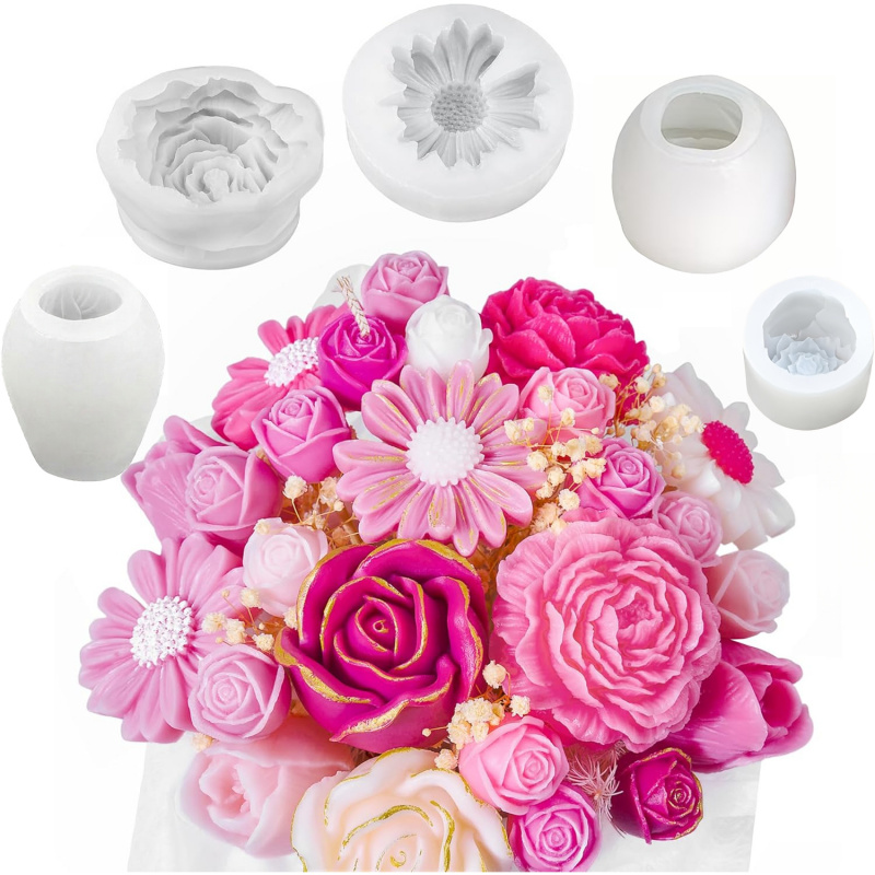 Candle Making Kit Wholesale - 5-delige bloemkaarsvormset, 3D bloemvormige siliconen kaarsvorm,