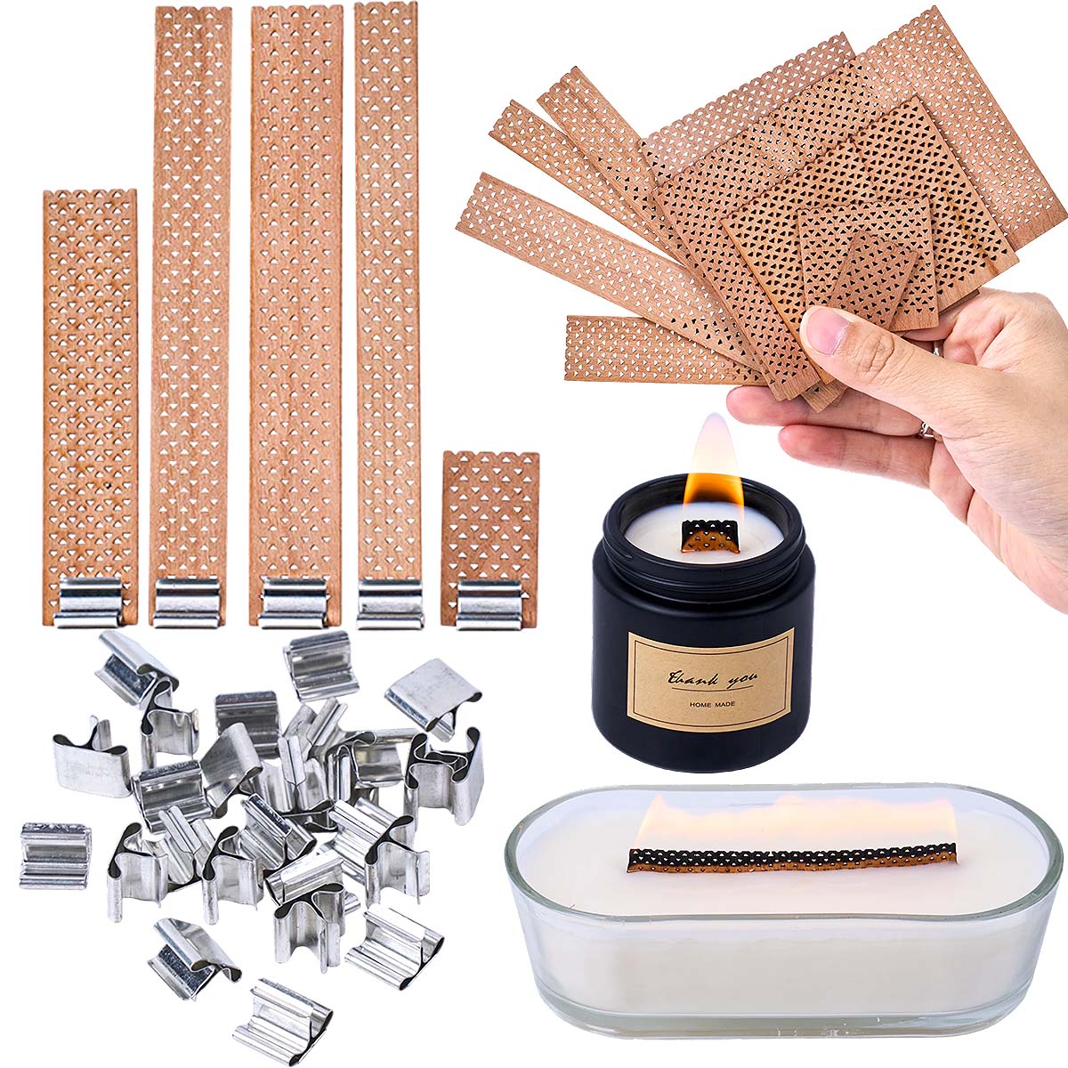 Soy Wax Pillar Blend - Grote vlam houten kaarslonten met metalen